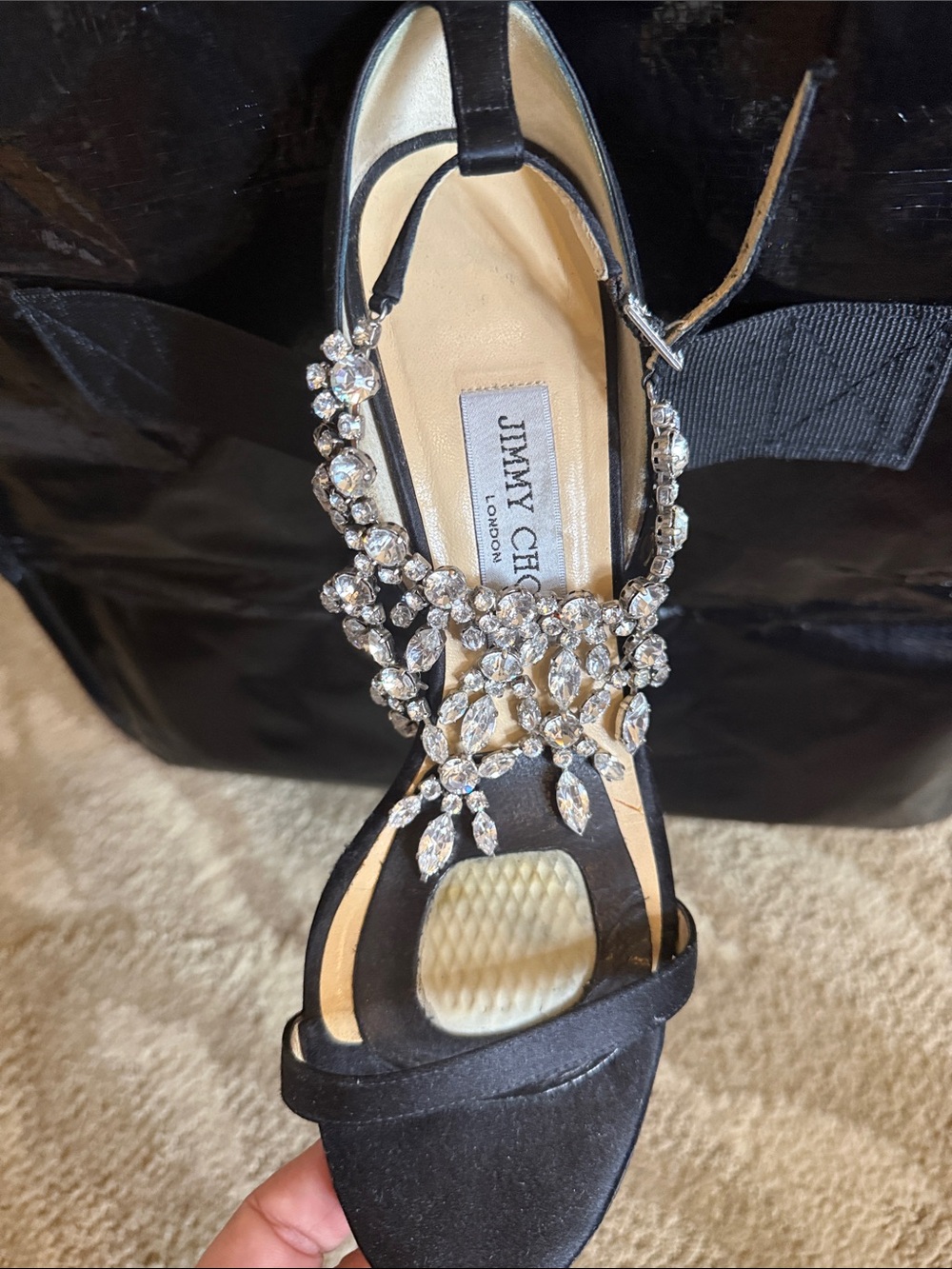 Jimmy Choo Black Satin Crystal T-Strap Sandals